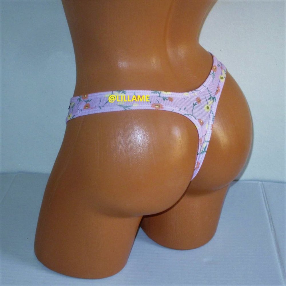 Victoria's Secret PINK Cotton Thong Panty S L Logo Floral Lilac NWT - Picture 2 of 4
